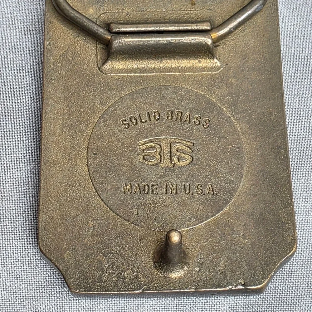 Belt Buckle Vintage Solid Brass Leather‎ Mountain Lake Scenic BTS Made in USA